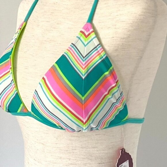 Reversible Triangle Bikini Swimsuit Halter Top Juniors Sz L Chevron Neon Green - Picture 3 of 16
